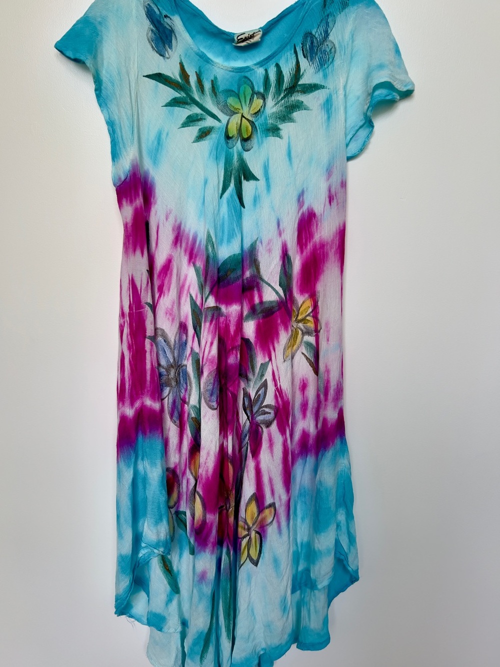 Hand-Painted Floral Tie-Dye Midi Dress in Turquoise & Fuchsia